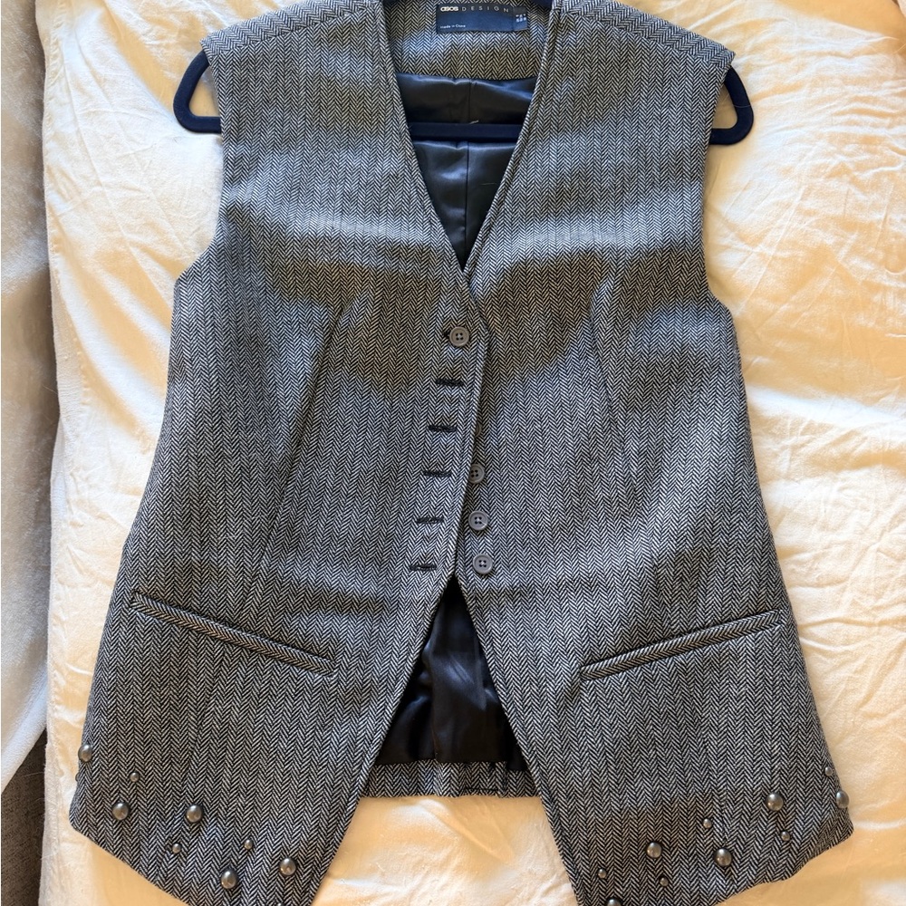 ASOS Gray Herringbone Tailored Vest with Stud Detail